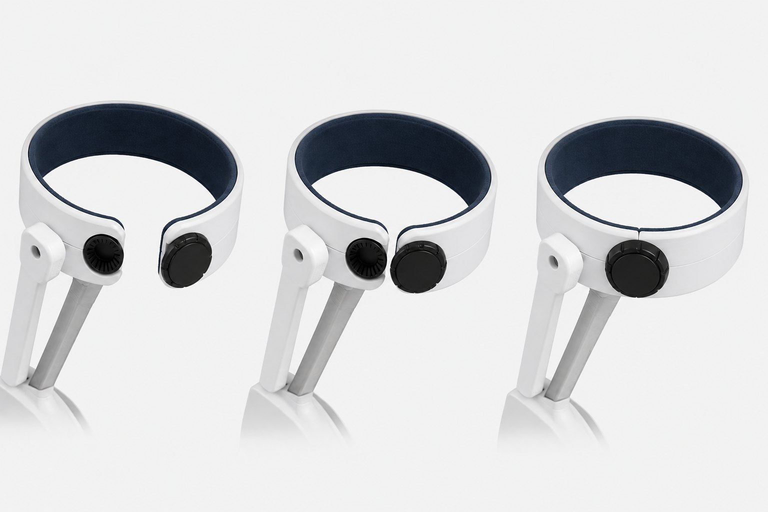 开合式腿环穿戴三步：打开穿入、FIDLOCK 磁吸扣合、旋转锁紧