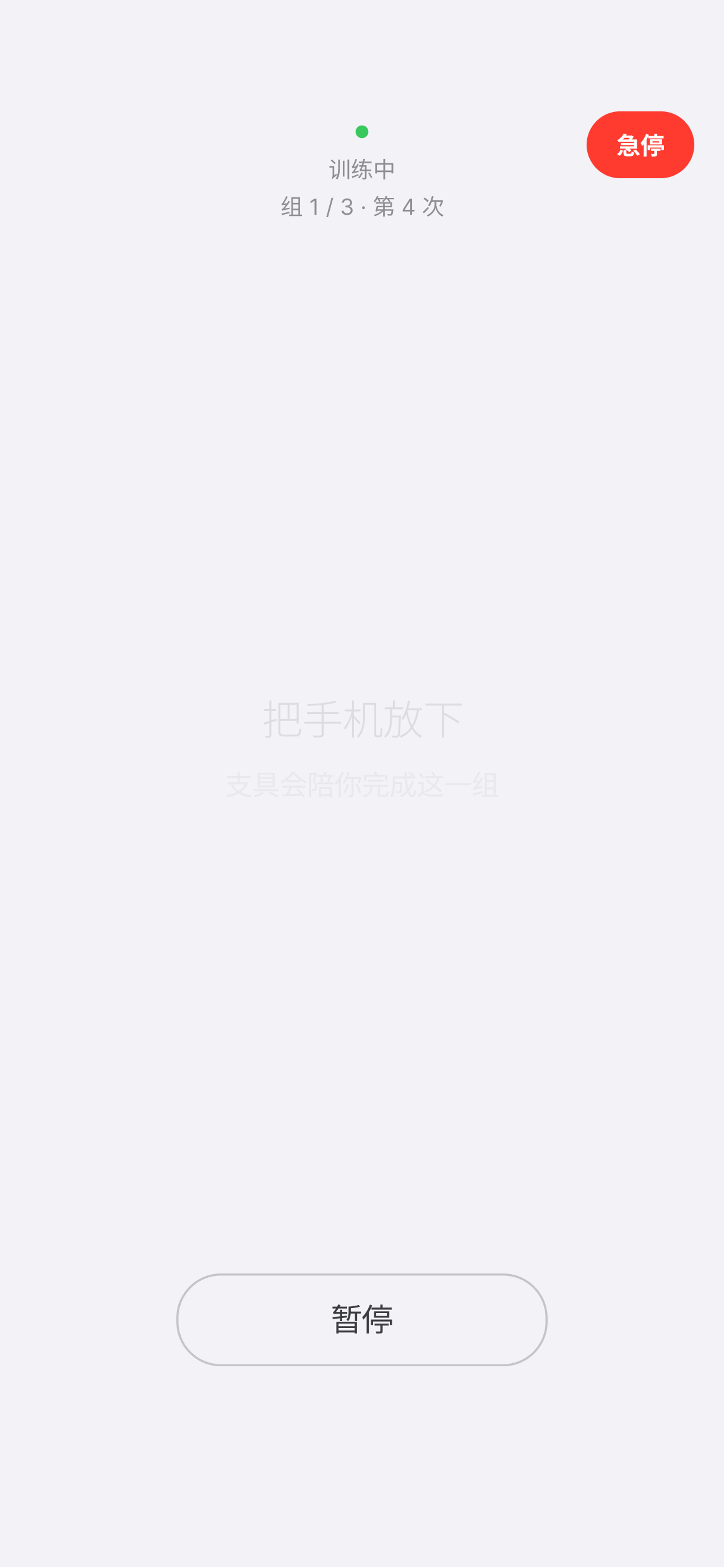 训练中界面：屏幕几乎全空，只有「把手机放下，支具会陪你完成这一组」与急停按钮